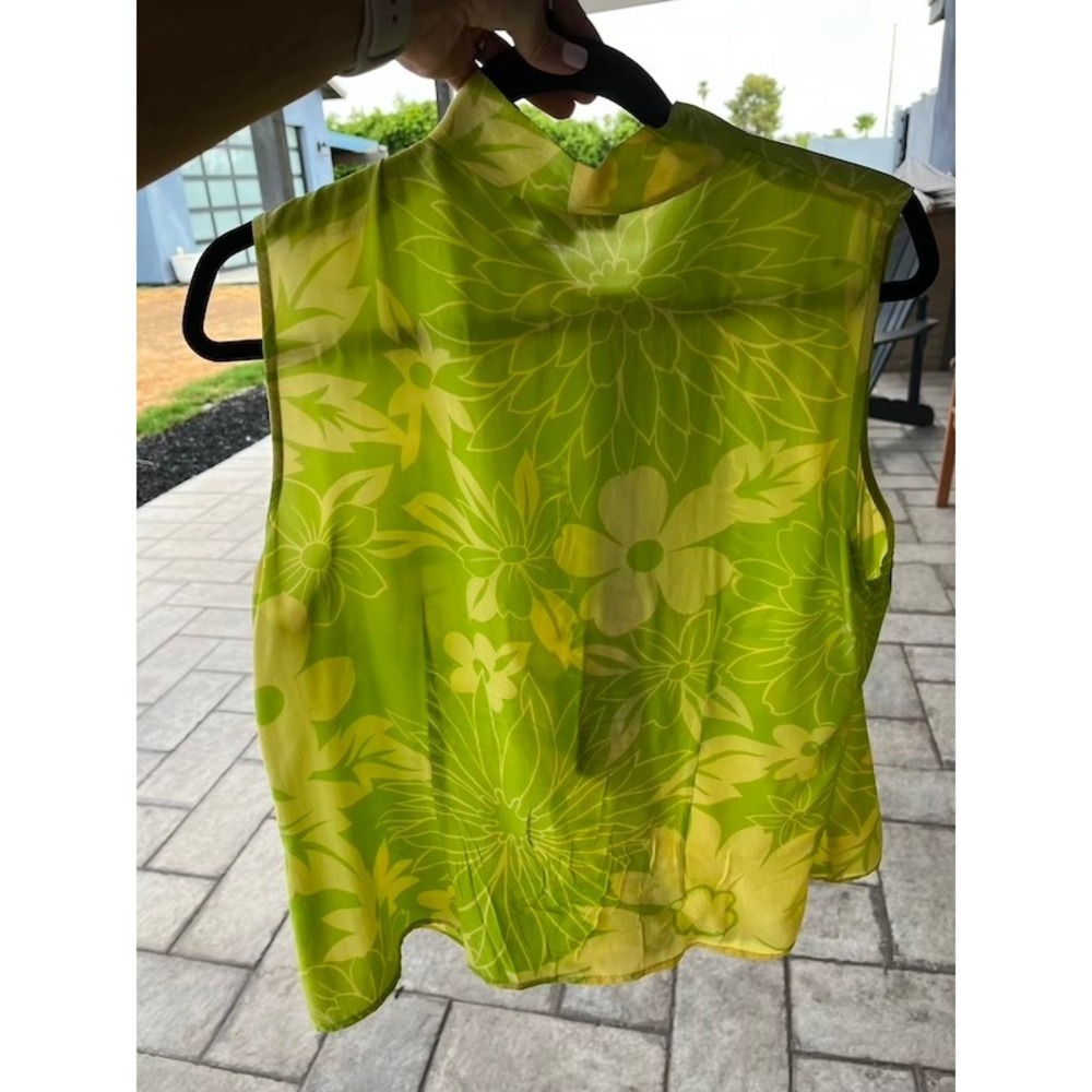 Cable & Gauge 100% Silk Floral Sleeveless Blouse Green Yellow Tie Mock Neck 18 - Picture 5 of 5